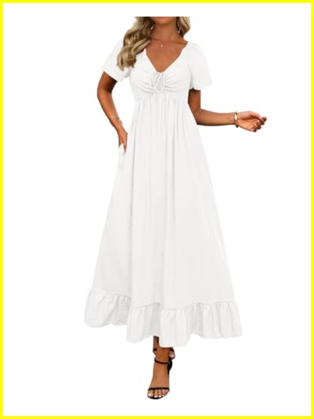 Women's Summer Maxi Dress A-Line V-Neck Short Sleeve Ruffle Wedding Guest Dress